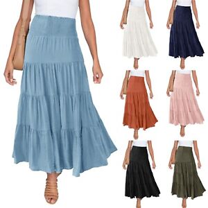 Women's Summer Elastic High Waist Boho Maxi Skirt Casual Drawstring A Line Skirt