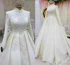 Muslim Lace Wedding Dresses Satin High Neck Long Sleeves Elegant Bridal Gowns