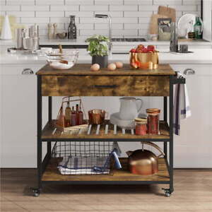 3-Tier Rolling Kitchen Island Microwave Serving Cart with Storage Rustic Brown