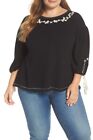 Caslon Womens Embroidered Top Plus Size 0X Cotton Blend Scooped Neck Blouse