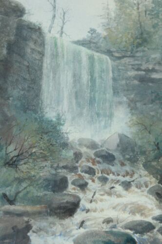 ANTIQUE Watercolor Painting WATERFALL Landscape SIGNED Framed