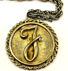 Vintage Coro Fashion Necklace Initial F Pendant Signed Gold Tone Medallion
