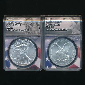 New Listing2021 SILVER EAGLE TYPE 1 & 2 SET ~ ANACS MS70 FIRST STRIKE ~ FREE S/H