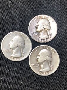 1936 Washington Quarter Set P,D,S. (U GRADE) Semi Key Date Silver Coins. All 3!!