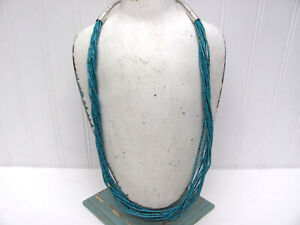 Vintage Navajo Multi 10 Strand Turquoise Sterling Silver 28” Necklace