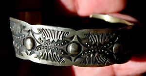 Old Pawn Handmade JERALD TAHE Navajo Hand Stamped Sterling Silver Cuff Bracelet