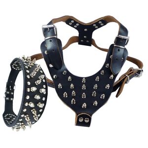 Studded&Spiked PU Leather Harness Collar Leash Set For Dog Pitbull Mastiff Bully