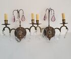 Vintage Antique Patinated Brass Crystal Prisms Wall Sconces Pair H 13