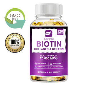120pcs Biotin Collagen Capsules 25000mcg - Hair,Skin,Nails,Bones,Joints Vitamins