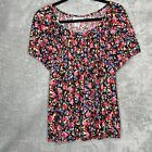 CD Daniels 2X Shirt Top Pink Blue Floral Short Sleeve Scoop Neck Stretch Casual