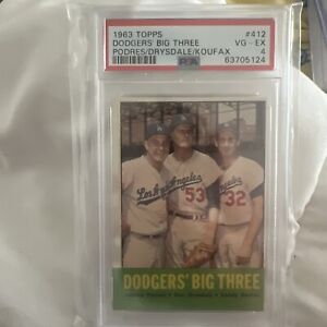 1963 Topps Dodgers Big Three #412, Koufax,Drysdale,Podres PSA 4 VG-EX (B75)