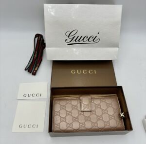 Authentic GUCCI Bifold Long Wallet Pink Gold Leather with Box Card Shopper