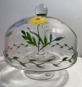 VINTAGE HAND PAINTED GLASS CAKE STAND WITH LID 9.5”