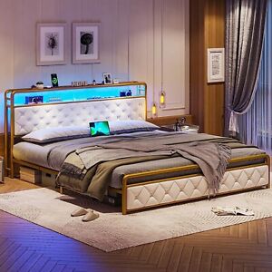 King Size LED Bed Frame with Storage Headboard Upholstered Platform Bed Frame