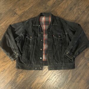 Vintage Levis Black Denim Trucker Jacket Plaid Flannel Lined MADE IN USA Size XL