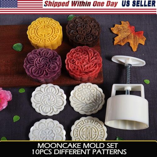 Moon Cake Mold 10 Stamps DIY Baking Pastry Moon Cake Flower Mould Kitchen Tools