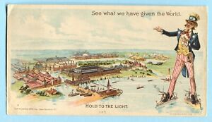 1893 Chicago World’s Fair EVERETT PIANO Uncle Sam HOLD TO THE LIGHT Trade Card