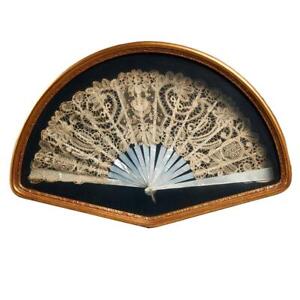 Victorian Shadowbox Framed Lace Courting Hand Fan Mother of Pearl Point de Gaze