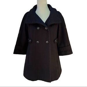 Zara Wool Coat Womens Size S Black Double Breasted 3/4 Sleeves Hooded Short