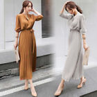 Korean Style Womnes Spring Fall Long Sleeve Button Chiffon Dress Pleated Dresses