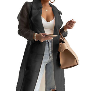 Women Sheer Trench Coat Notch Lapel Long Sleeve Double Breasted Jacket with Belt