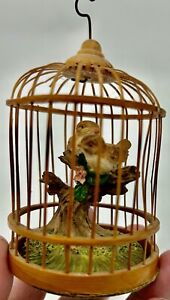 Vintage Enesco Decorative Bamboo Hanging Bird Cage with 2 Ceramic Birds Small