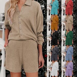 Women 2 Piece Lounge Sets Ribbed Knit Matching Outfits Button Down Shirt Shorts