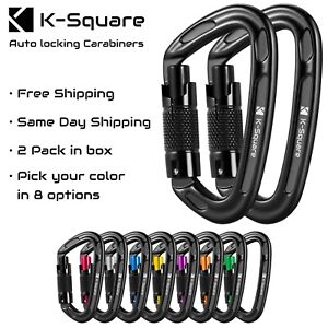 K-Square 24KN Auto Locking Carabiner Clips - Large Heavy Duty D-Rings 2 Pack
