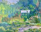 Original Painting Vintage Wall Art Landscape Country House Bench Nature Green