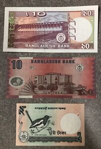 Group Of 3 Uncirculated Bangladesh Banknotes, One 2 Taka And Two 10 Takas