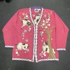 Vintage Storybook Knits Knit Sweater Cardigan Cats Kittens Trees Pink Flower L