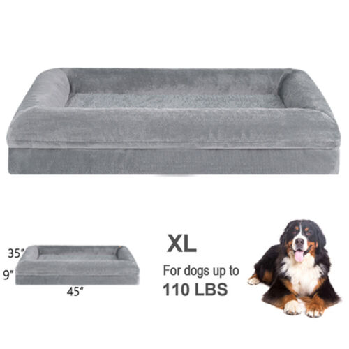 XL Dog Bed Orthopedic Foam 4Side Bolster Gray Pet Sofa 45x35“ w/ Removable Cover