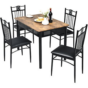Costway 5PCS Dining Set Metal Table & 4 Chairs Kitchen Breakfast Furniture Black