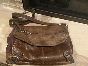 FOSSIL Long Live Vintage Distressed Brown Leather Canvas Messenger Bag Strap Lg