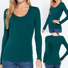 Womens Scoop Neck Cotton Stretch Long Sleeve T-Shirt Plain Fitted Slim Layering