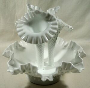 Vintage Fenton Hobnail Milk Glass Epergne 3 Horn Flower Vase Centerpiece Perfect