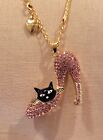 Elegant BETSEY JOHNSON Black Cat in SHOE ROSE PINK CRYSTAL 3D  Pendant Necklace