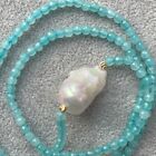 4mm Blue Aquamarine Faceted Round Beads Baroque Keshi Pearl Pendant Necklace 18