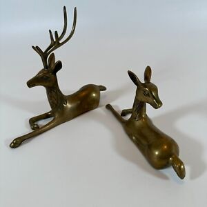 New ListingVtg Cast Brass Deer Elk Pair Reindeer Buck MCM Resting Laying Down Christmas