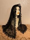 Black Lace Mantilla Veil, Scalloped Edging,  scarf or headwear Floral Design NEW