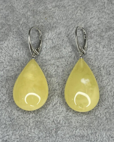 Yellow AMBER Stone Earrings with Sterling Silver.MILKY Amber Stone DROP Earrings