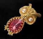 Gold Tone Faux Pearl Pink Stone Wired Owl Bird Brooch Vintage Jewelry Lot B