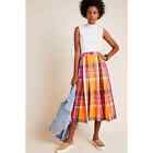 Anthropologie Maeve Pippa Pleated Midi Skirt Size Small Orange Pink Plaid A-Line