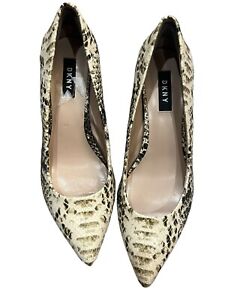 DKNY Snake Print Leather Pointed Closed Toe Block Heels Pumps Size 7.5