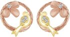 Round Natural Diamond Accent Flower W/ Bird Stud Earrings 14K Rose Gold Plated