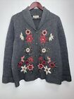 Eddie Bauer XXL Plus Embroidered Floral 100% Lambs Wool Vtg Cardigan Sweater