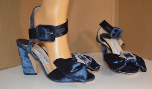 JIMMY CHOO Blue Velvet Bow Wrap Heels Lg Rhinestone Detail 85 MM 37 US 6.5 / 7