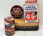 Vintage Lot 4 SHOE SHINE Supplies Kit USMC Brush Johnsons Tin Shinola Box Kiwi