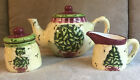 LAURIE GATES CHRISTMAS TOPIARY POTTERY USA TEA POT SUGAR AND CREAMER EXCELLENT