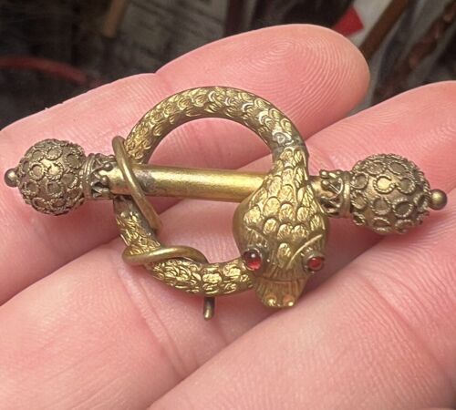 Antique Victorian Gold Filled Etruscan Coiled Snake w/ Garnet Eyes Brooch Pin